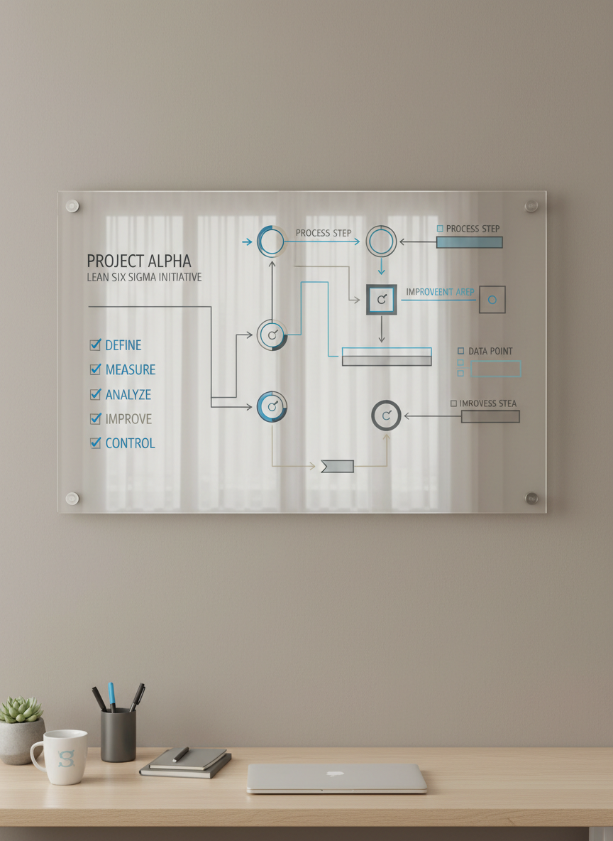 A sleek, glass dry erase board mounted on a clean taupe wall, its surface meticulously marked with streamlined process diagrams and color-coded Lean Six Sigma symbols in blues and neutral greys. An orderly workspace surrounds it, featuring a subtle arrangement of graphite-toned office supplies atop a light oak desk. Bright, diffused daylight streams through a nearby window, creating soft highlights on the board’s glossy surface and gently illuminating the tranquil setting. The mood is professional and composed, with a sense of organized clarity and purposeful focus. Captured from an eye-level perspective with a centered, balanced composition and sharp focus throughout, the image conveys a corporate aesthetic with photographic realism, supporting the theme of structured problem-solving and process improvement.